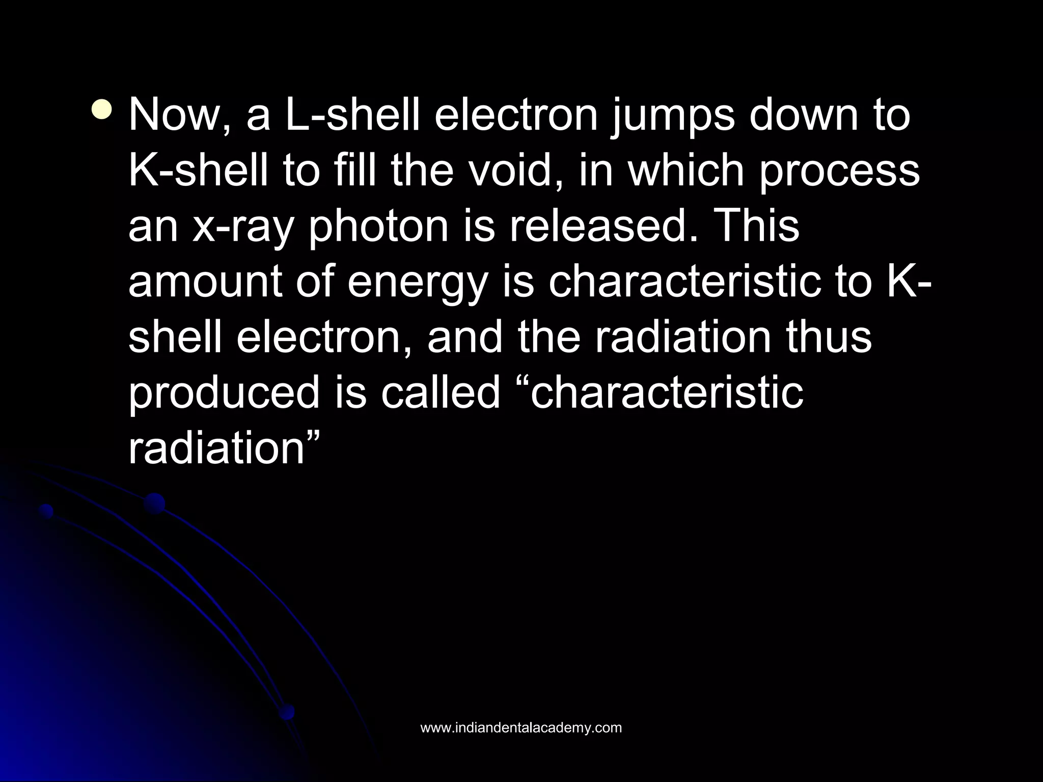  Now, a L-shell electron jumps down toNow, a L-shell electron jumps down to
K-shell to fill the void, in which processK-shell to fill the void, in which process
an x-ray photon is released. Thisan x-ray photon is released. This
amount of energy is characteristic to K-amount of energy is characteristic to K-
shell electron, and the radiation thusshell electron, and the radiation thus
produced is called “characteristicproduced is called “characteristic
radiation”radiation”
www.indiandentalacademy.comwww.indiandentalacademy.com
 
