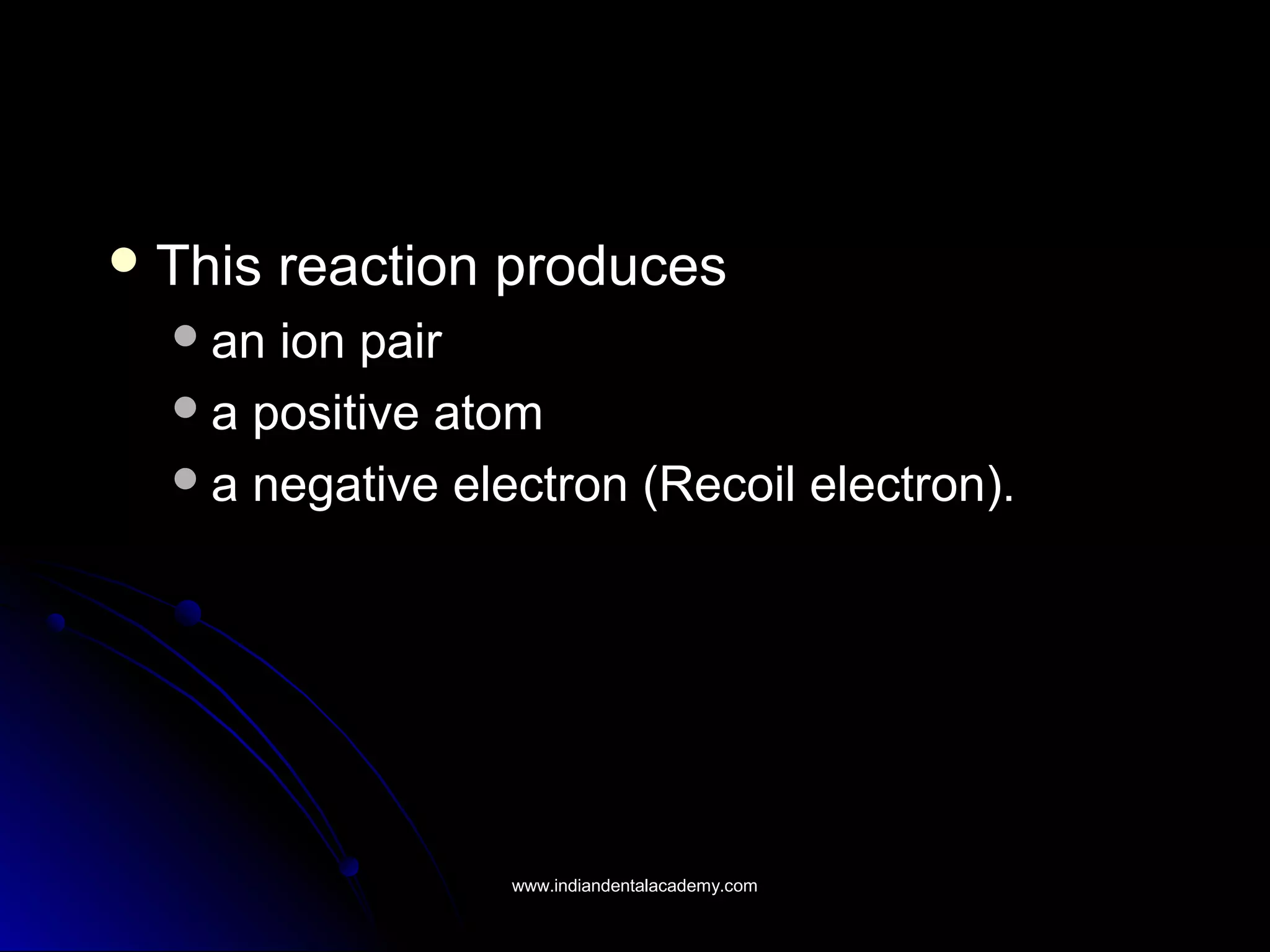  This reaction producesThis reaction produces
an ion pairan ion pair
a positive atoma positive atom
a negative electron (Recoil electron).a negative electron (Recoil electron).
www.indiandentalacademy.comwww.indiandentalacademy.com
 