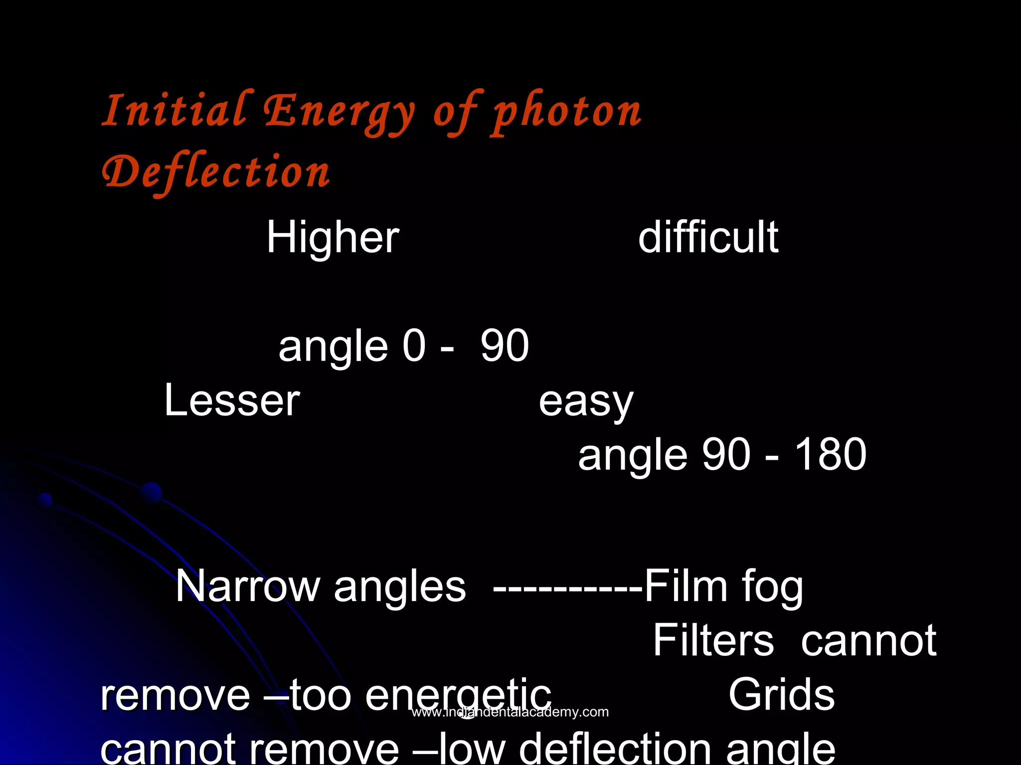 Initial Energy of photonInitial Energy of photon
DeflectionDeflection
Higher difficultHigher difficult
angle 0 - 90angle 0 - 90
Lesser easyLesser easy
angle 90 - 180angle 90 - 180
Narrow angles ----------Film fogNarrow angles ----------Film fog
Filters cannotFilters cannot
remove –too energetic Gridsremove –too energetic Grids
cannot remove –low deflection angle
www.indiandentalacademy.comwww.indiandentalacademy.com
 
