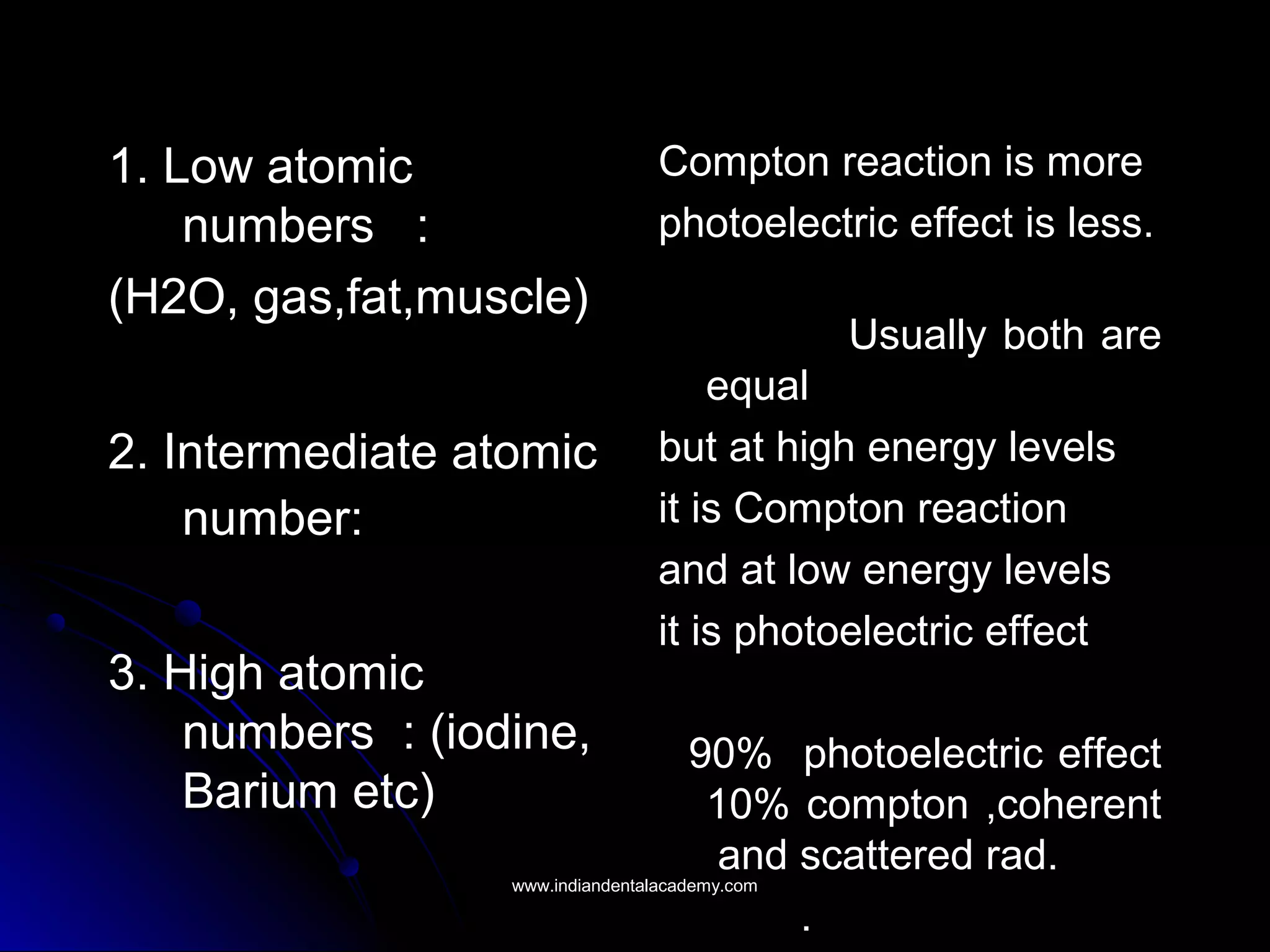 1. Low atomic1. Low atomic
numbers :numbers :
(H2O, gas,fat,muscle)(H2O, gas,fat,muscle)
2. Intermediate atomic2. Intermediate atomic
number:number:
3. High atomic3. High atomic
numbers : (iodine,numbers : (iodine,
Barium etc)Barium etc)
Compton reaction is moreCompton reaction is more
photoelectric effect is less.photoelectric effect is less.
Usually both areUsually both are
equalequal
but at high energy levelsbut at high energy levels
it is Compton reactionit is Compton reaction
and at low energy levelsand at low energy levels
it is photoelectric effectit is photoelectric effect
90% photoelectric effect90% photoelectric effect
10% compton ,coherent10% compton ,coherent
and scattered rad.and scattered rad.
..
www.indiandentalacademy.comwww.indiandentalacademy.com
 