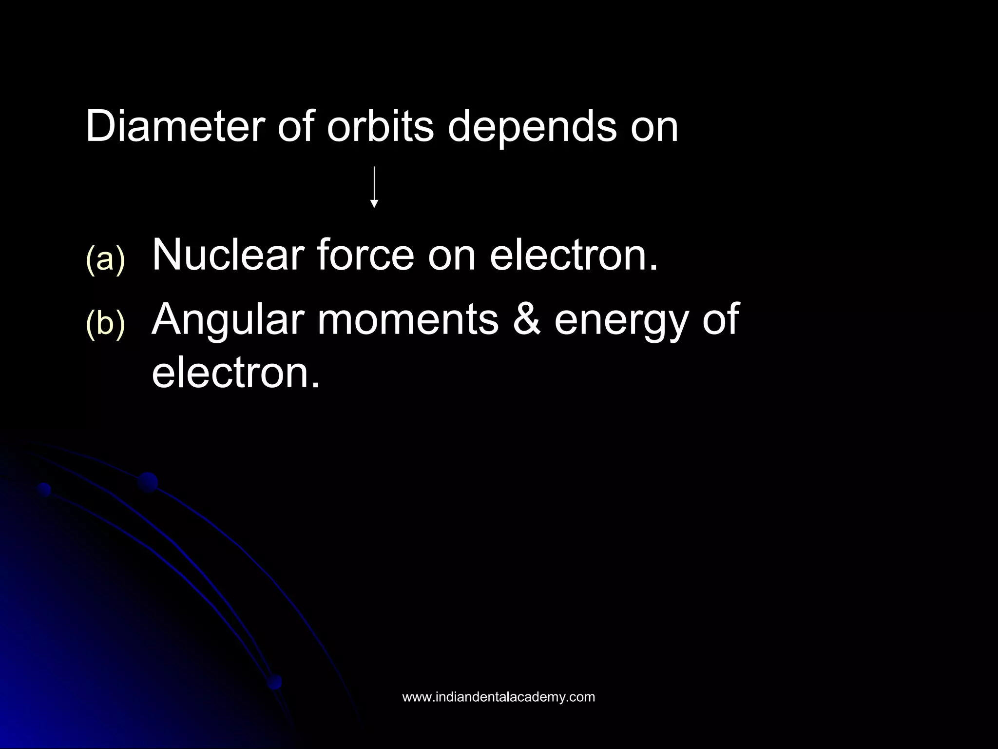 Diameter of orbits depends onDiameter of orbits depends on
(a)(a) Nuclear force on electron.Nuclear force on electron.
(b)(b) Angular moments & energy ofAngular moments & energy of
electron.electron.
www.indiandentalacademy.comwww.indiandentalacademy.com
 