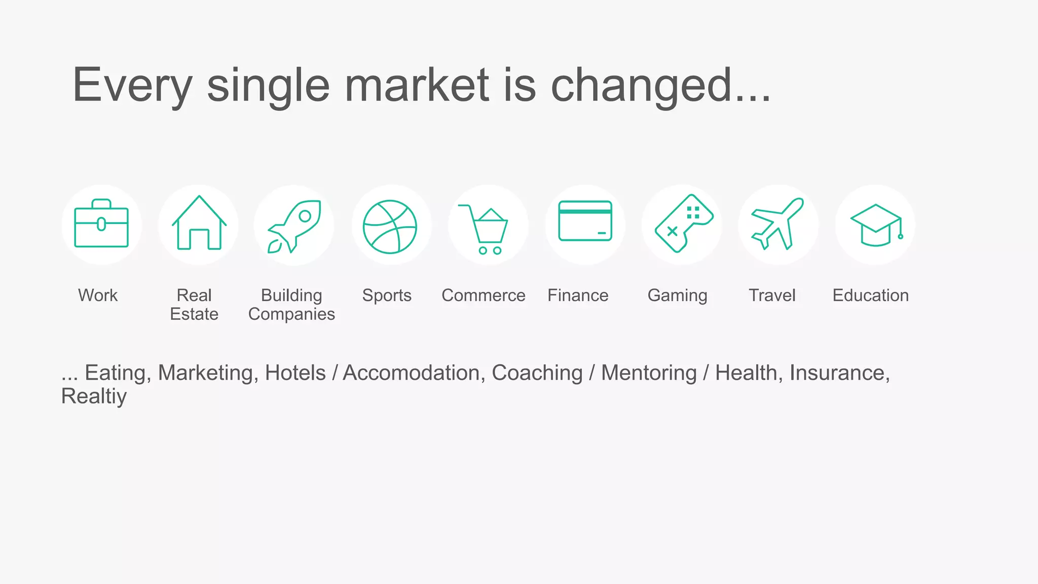 Every single market is changed...
... Eating, Marketing, Hotels / Accomodation, Coaching / Mentoring / Health, Insurance, Realtiy
Work Real
Estate
Building
Companies
Sports Commerce Finance Gaming Travel Education
 