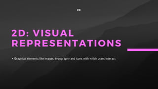 2D: VISUAL
REPRESENTATIONS
Graphical elements like images, typography and icons with which users interact
08
 