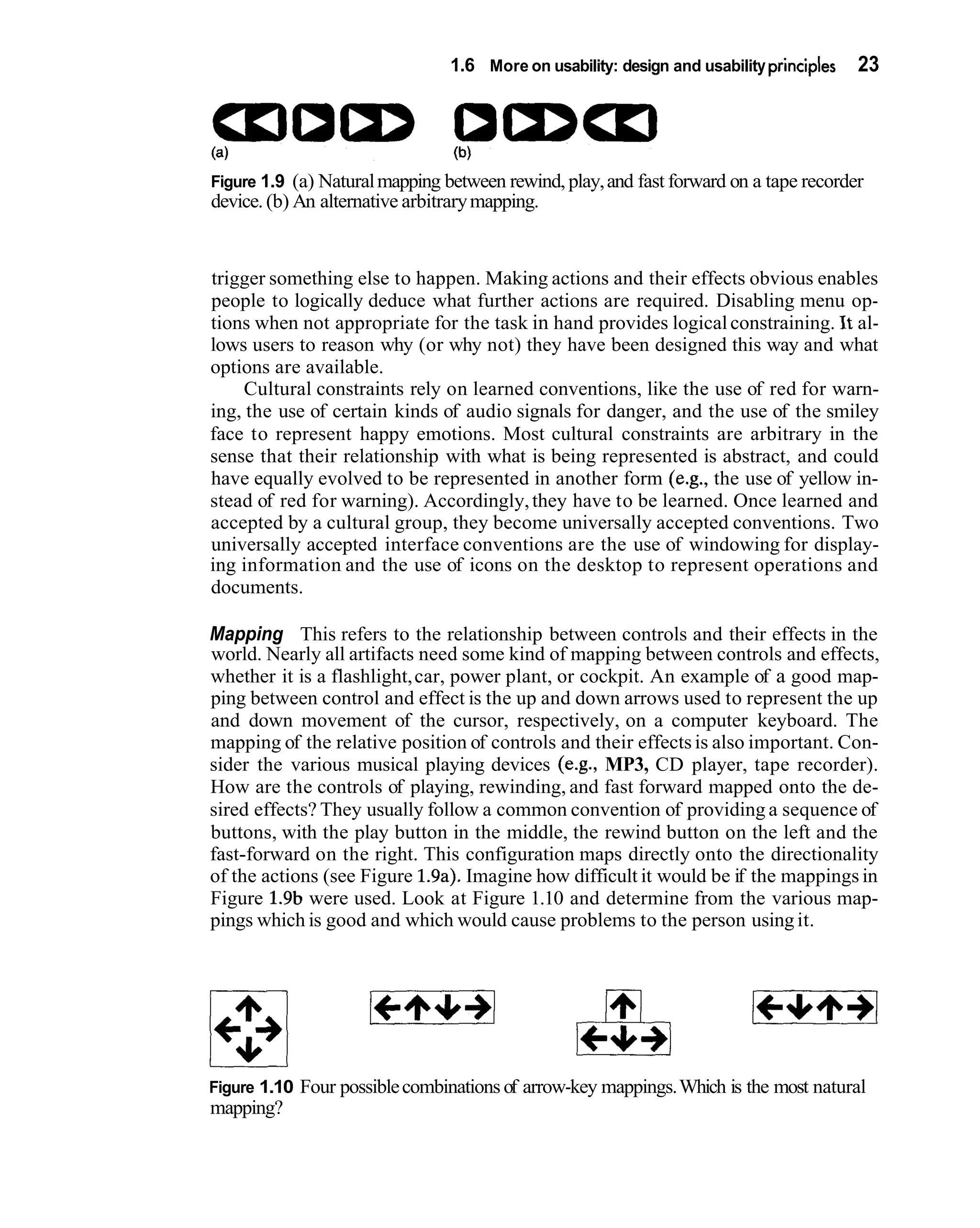 1.6 More on usability: design and usability principles   23




Figure 1.9 (a) Natural mapping between rewind, play, and fast forward on a tape recorder
device. (b) An alternative arbitrary mapping.


trigger something else to happen. Making actions and their effects obvious enables
people to logically deduce what further actions are required. Disabling menu op-
tions when not appropriate for the task in hand provides logical constraining. Jt al-
lows users to reason why (or why not) they have been designed this way and what
options are available.
     Cultural constraints rely on learned conventions, like the use of red for warn-
ing, the use of certain kinds of audio signals for danger, and the use of the smiley
face to represent happy emotions. Most cultural constraints are arbitrary in the
sense that their relationship with what is being represented is abstract, and could
have equally evolved to be represented in another form (e.g., the use of yellow in-
stead of red for warning). Accordingly, they have to be learned. Once learned and
accepted by a cultural group, they become universally accepted conventions. Two
universally accepted interface conventions are the use of windowing for display-
ing information and the use of icons on the desktop to represent operations and
documents.

Mapping This refers to the relationship between controls and their effects in the
world. Nearly all artifacts need some kind of mapping between controls and effects,
whether it is a flashlight, car, power plant, or cockpit. An example of a good map-
ping between control and effect is the up and down arrows used to represent the up
and down movement of the cursor, respectively, on a computer keyboard. The
mapping of the relative position of controls and their effects is also important. Con-
sider the various musical playing devices (e.g., MP3, CD player, tape recorder).
How are the controls of playing, rewinding, and fast forward mapped onto the de-
sired effects? They usually follow a common convention of providing a sequence of
buttons, with the play button in the middle, the rewind button on the left and the
fast-forward on the right. This configuration maps directly onto the directionality
of the actions (see Figure 1.9a). Imagine how difficult it would be if the mappings in
Figure 1.9b were used. Look at Figure 1.10 and determine from the various map-
pings which is good and which would cause problems to the person using it.




Figure 1.10 Four possible combinations of arrow-key mappings. Which is the most natural
mapping?
 