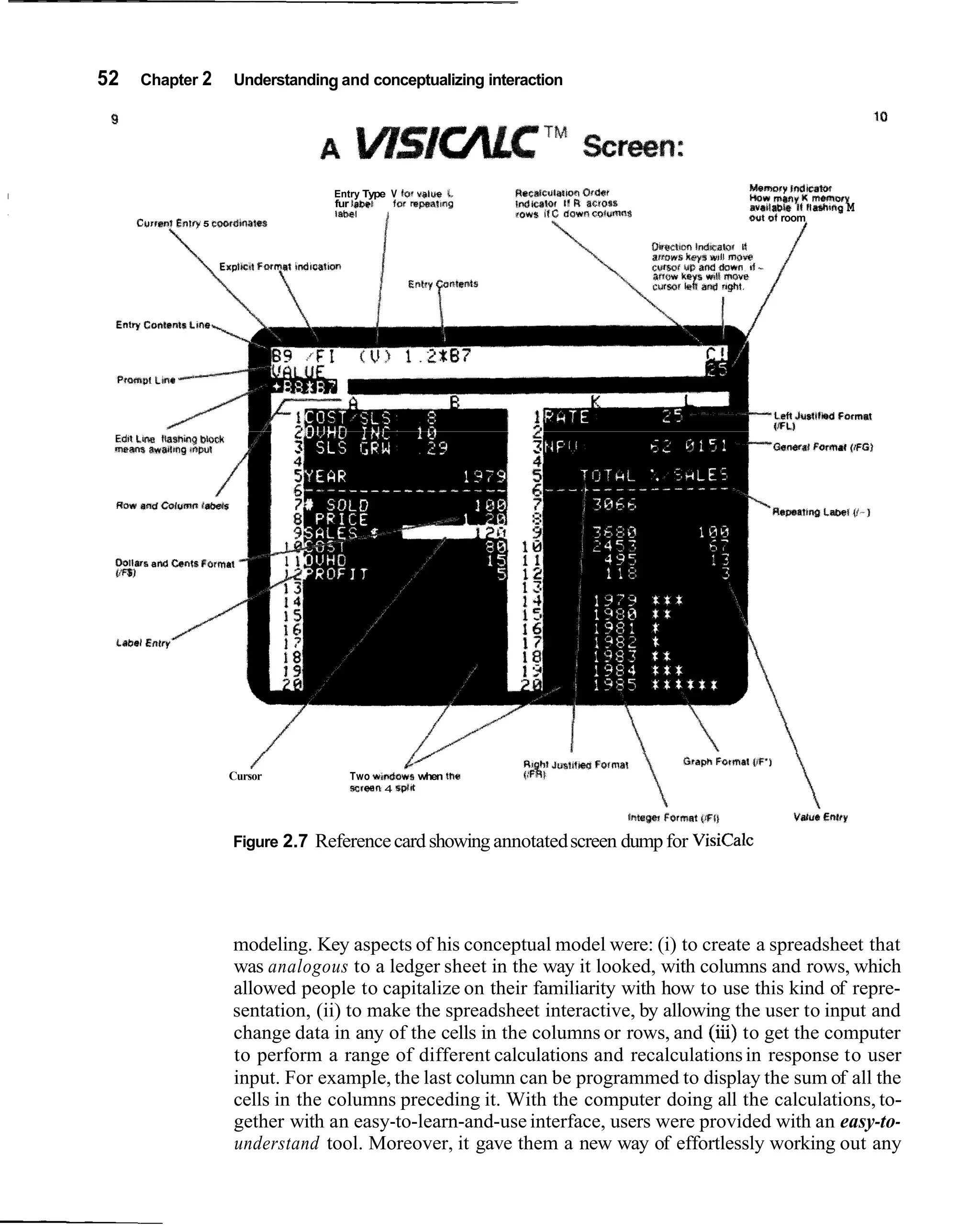 52   Chapter 2           Understanding and conceptualizing interaction




                                                                       Rrcalculal~oo
                                                                                   Osdsf                                Memory I I dt (
                                                                                                                                m C lD
                                        Entry Type V 40' v ~ l w L                                                      HDvr mlny K memory
                                        fur tabct  for ~ p a M l n 9                 oR
                                                                       l n l i ~ ~ l I1 l IICtOSS                       avaUlbtt It liMhrnp M
                                        IebLIl                         lDVd5 /fC dQWR GQtURIRB                          WI 0 room
                                                                                                                            1
     Currsnr Enrw 5 Cwrdkll?%es

                                                                                                  Dhad+an  tndtcatw d
                                                                                                     mi^ keys wtll move
                                                                                                    e w e rag sod down I(   -   /

 Edh line Rashmg block
 m e n 4 wstmg wpue




                            /
                         Cursor            Two w~ndawa   when the
                                                                        $
                                                                        ;?    Jws81tw F~lma'c

                                           screen 4 BP'*

                                                                                               (obpsr Format ( I
                                                                                                              S)                Vatu. Enlty

                         Figure 2.7   Reference card showing annotated screen dump for VisiCalc




                         modeling. Key aspects of his conceptual model were: (i) to create a spreadsheet that
                         was analogous to a ledger sheet in the way it looked, with columns and rows, which
                         allowed people to capitalize on their familiarity with how to use this kind of repre-
                         sentation, (ii) to make the spreadsheet interactive, by allowing the user to input and
                         change data in any of the cells in the columns or rows, and (iii) to get the computer
                         to perform a range of different calculations and recalculations in response to user
                         input. For example, the last column can be programmed to display the sum of all the
                         cells in the columns preceding it. With the computer doing all the calculations, to-
                         gether with an easy-to-learn-and-use interface, users were provided with an easy-to-
                         understand tool. Moreover, it gave them a new way of effortlessly working out any
 
