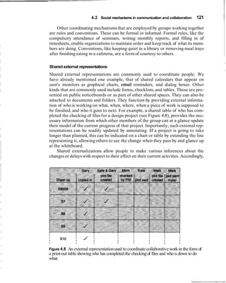 4.2 Social mechanisms in communication and collaboration      121
                                                                                             I
    Other coordinating mechanisms that are employed by groups working together
are rules and conventions. These can be formal or informal. Formal rules, like the
compulsory attendance of seminars, writing monthly reports, and filling in of
timesheets, enable organizations to maintain order and keep track of what its mem-
bers are doing. Conventions, like keeping quiet in a library or removing meal trays
after finishing eating in a cafeteria, are a form of courtesy to others.
                                                                                             I

Shared external representations
                                                                                             I

Shared external representations are commonly used to coordinate people. We
have already mentioned one example, that of shared calendars that appear on
user's monitors as graphical charts, email reminders, and dialog boxes. Other
kinds that are commonly used include forms, checklists, and tables. These are pre-
sented on public noticeboards or as part of other shared spaces. They can also be
attached to documents and folders. They function by providing external informa-
tion of who is working on what, when, where, when a piece of work is supposed to
be finished, and who it goes to next. For example, a shared table of who has com-
pleted the checking of files for a design project (see Figure 4.8), provides the nec-
essary information from which other members of the group can at a glance update
their model of the current progress of that project. Importantly, such external rep-
resentations can be readily updated by annotating. If a project is going to take
longer than planned, this can be indicated on a chart or table by extending the line
representing it, allowing others to see the change when they pass by and glance up
at the whiteboard.
     Shared externalizations allow people to make various inferences about the
changes or delays with respect to their effect on their current activities. Accordingly,




Figure 4.8 An external representation used to coordinate collaborative work in the form of
a print-out table showing who has completed the checking of files and who is down to do
what.
 
