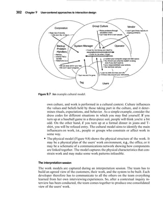 302   Chapter 9    User-centered approaches to interaction design
                                                                                                                          I
                                                                    Raise problems through
                                                                    escalation chain.




                                                                       .  I control your computer usage and disk space.
                                                                        .You should care what the system IS doing
                                                                           even if you don't want to.
                                                                        T a k e responsibilityfor your actions.
                                                                          Our services cost you.




                  Figure 9.7 An example cultural model.


                        own culture, and work is performed in a cultural context. Culture influences
                        the values and beliefs held by those taking part in the culture, and it deter-
                        mines rituals, expectations, and behavior. As a simple example, consider the
                        dress codes for different situations in which you may find yourself. If you
                        turn up at a baseball game in a three-piece suit, people will think you're a bit
                        odd. On the other hand, if you turn up at a formal dinner in jeans and T-
                        shirt, you will be refused entry. The cultural model aims to identify the main
                        influencers on work, i.e., people or groups who constrain or affect work in
                        some way.
                        The physical model (Figure 9.8) shows the physical structure of the work. It
                        may be a physical plan of the users' work environment, e.g., the office, or it
                        may be a schematic of a communications network showing how components
                        are linked together. The model captures the physical characteristics that con-
                        strain work and may make some work patterns infeasible.

                  The interpretation session
                  The work models are captured during an interpretation session. The team has to
                  build an agreed view of the customers, their work, and the system to be built. Each
                  developer therefore has to communicate to all the others on the team everything
                  learned from her own interviewing experiences. So, after a contextual inquiry in-
                  terview has been conducted, the team comes together to produce one consolidated
                  view of the users' work.
 