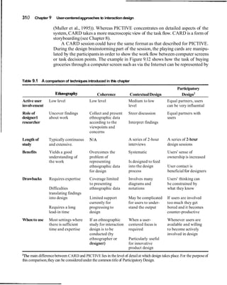 310    Chapter 9     User-centered approaches to interaction design

                   (Muller et al., 1995)). Whereas PICTIVE concentrates on detailed aspects of the
                   system, CARD takes a more macroscopic view of the task flow. CARD is a form of
                   storyboarding (see Chapter 8).
                       A CARD session could have the same format as that described for PICTIVE.
                   During the design brainstorming part of the session, the playing cards are manipu-
                   lated by the participants in order to show the work flow between computer screens
                   or task decision points. The example in Figure 9.12 shows how the task of buying
                   groceries through a computer screen such as via the Internet can be represented by


Table 9.1    A comparison of techniques introduced in this chapter
                                                                                                    Participatory
                     EthJWra~h~                  Coherence           Contextual Design                Design2
Active user      Low level                 Low level                Medium to low            Equal partners, users
involvement                                                         level                    can be very influential
Role of          Uncover findings          Collect and present      Steer discussion         Equal partners with
designer1        about work                ethnographic data                                 users
researcher                                 according to the         Interpret findings
                                           viewpoints and
                                           concerns
Length of        Typically continuous      NIA                      A series of 2-hour       A series of Zhour
study            and extensive.                                     interviews               design sessions
Benefits         Yields a good             Overcomes the            Systematic               Users' sense of
                 understanding of          problem of                                        ownership is increased
                 the work                  representing             Is designed to feed
                                           ethnographic data        into the design          User contact is
                                           for design               process                  beneficial for designers
Drawbacks        Requires expertise        Coverage limited         Involves many            Users' thinking can
                                           to presenting            diagrams and             be constrained by
                 Difficulties              ethnographic data        notations                what they know
                 translating findings
                 into design               Limited support          May be complicated       If users are involved
                                           currently for            for users to under-      too much they get
                 Requires a long           progressing to           stand the output         bored and it becomes
                 lead-in time              design                                            counter-productive
When to use      Most settings where       If an ethnographic       When a user-             Whenever users are
                 there is sufficient       study for interaction    centered focus is        available and willing
                 time and expertise        design is to be          required                 to become actively
                                           conducted (by                                     involved in design
                                           ethnographer or          Particularly useful
                                           designer)                for innovative
                                                                    product design
*Themain difference between CARD and PICTIVE lies in the level of detail at which design takes place. For the purpose of
this comparison, they can be considered under the common title of Participatory Design.
 