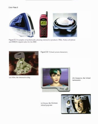 Color Plate 6




Figure 5.3 Examples of aesthetically pleasing interactive products: iMac, Nokia cell phone
and IDEO's digital radio for the BBC.




1
                                           Figure 5.9 Virtual screen characters:




(a) Aibo, the interactive dog.
 