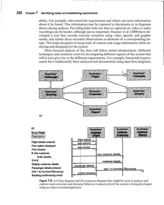220 Chapter 7 Identifying needs and establishing requirements
ability. For example, who raised the requirement and where can more information
about it be found. This information may be captured in documents or in diagrams
drawn during analysis. Providing links with raw data as captured on video or audio
recordingscan be harder, although just as important. Haumer et al. (2000) have de-
veloped a tool that records concrete scenarios using video, speech, and graphic
media, and relates these recorded observations to elements of a corresponding de-
sign. This helps designers to keep track of context and usage information while an-
alyzing and designing for the system.
More focused analysis of the data will follow initial interpretation. Different
techniques and notations exist for investigating different aspects of the system that
will in turn give rise to the different requirements. For example, functional require-
ments have traditionally been analyzed and documented using data-flow diagrams,
Book Flinht
~~
Flight details entered
Fare option displayed
Fare chosen
If new customer
Enter details
EndIf
Display customer details
Passenger detailsentered
Adcl 1 to NumberOfBookings
Bookingconfirmedby email
I
i customer details
Figure 7.6 (a) Class diagram and (b) sequence diagram that might be used to analyze and
capture staticstructure and dynamic behavior (respectively)if the system is beingdeveloped
using an object-orientedapproach.
 