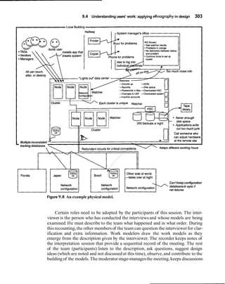 9.4 Understanding users' work: applying ethnogmphy in design 303
Multiple inconsisten
-tracking databases
Can'tkeep configuration
databasesin sync if
Figure 9.8 An example physical model.
Certain roles need to be adopted by the participants of this session. The inter-
viewer is the person who has conducted the interviewsand whose models are being
examined. He must describe to the team what happened and in what order. During
this recounting,the other members of the team can question the interviewerfor clar-
ification and extra information. Work modelers draw the work models as they
emerge from the description given by the interviewer. The recorder keeps notes of
the interpretation session that provide a sequential record of the meeting. The rest
of the team (participants) listen to the description, ask questions, suggest design
ideas (which are noted and not discussed at this time), observe, and contribute to the
building of the models. The moderator stage-managesthe meeting, keeps discussions
 