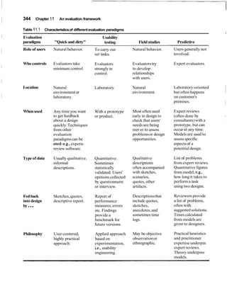 344 Chapter 11 An evaluation framework
Table 11.1 Characteristicsof differentevaluation paradigms
- - -
Evaluation
paradigms "Quick and dirty"
Role of users Natural behavior.
Usability
testing
To carry out
set tasks.
Field studies
Natural behavior.
Predictive
Users generally not
involved.
Who controls Evaluators take
minimum control.
Location Natural
environmentor
laboratory.
Whenused Any time you want
to get feedback
about a design
quickly.Techniques
from other
evaluation
paradigmscan be
used-e.g., experts
review software.
Type of data Usually qualitative,
informal
descriptions.
Fed back Sketches, quotes,
into design descriptive report.
by...
Philosophy User-centered,
highly practical
approach.
Evaluators
strongly in
control.
Laboratory.
With a prototype
or product.
Quantitative.
Sometimes
statistically
validated. Users'
opinions collected
by questionnaire
or interview.
Report of
performance
measures, errors
etc. Findings
provide a
benchmark for
future versions.
Applied approach
based on
experimentation,
i.e., usability
engineering.
Evaluators try
to develop
relationships
with users.
Natural
environment.
Most often used
early in design to
check that users'
needs are being
met or to assess
problemsor design
opportunities.
Qualitative
descriptions
often accompanied
with sketches,
scenarios,
quotes, other
artifacts.
Descriptionsthat
include quotes,
sketches,
anecdotes,and
sometimes time
logs.
May be objective
observationor
ethnographic.
Expert evaluators.
Laboratory-oriented
but often happens
on customer's
premises.
Expert reviews
(often done by
consultants)with a
prototype, but can
occur at any time.
Models are used to
assessspecific
aspectsof a
potential design.
List of problems
from expert reviews.
Quantitative figures
from model, e.g.,
how long it takes to
perform a task
using two designs.
Reviewers provide
a list of problems,
often with
suggestedsolutions.
Times calculated
from models are
given to designers.
Practical heuristics
and practitioner
expertise underpin
expert reviews.
Theory underpins
models.
 