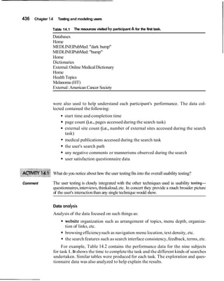 436 Chapter 14 Testing and modeling users
Table 14.1 The resources visited byparticipant A for the first task.
Databases
Home
MEDLINEIPubMed:"dark bump"
MEDLINEIPubMed:"bump"
Home
Dictionaries
External:Online Medical Dictionary
Home
Health Topics
Melanoma (HT)
External: American Cancer Society
were also used to help understand each participant's performance. The data col-
lected contained the following:
start time and completion time
page count (i.e., pages accessed during the search task)
external site count (i.e., number of external sites accessed during the search
task)
medical publications accessed during the search task
the user's search path
any negative comments or mannerisms observed during the search
user satisfaction questionnaire data
What do you notice about how the user testingfits into the overall usability testing?
Comment The user testing is closely integrated with the other techniques used in usability testing-
questionnaires,interviews, thinkaloud,etc. In concert they provide a much broader picture
of the user's interactionthan any single technique would show.
Data analysis
Analysis of the data focused on such things as:
website organization such as arrangement of topics, menu depth, organiza-
tion of links, etc.
browsingefficiencysuch as navigation menu location, text density, etc.
the search features such as search interface consistency,feedback, terms, etc.
For example, Table 14.2 contains the performance data for the nine subjects
for task1. It shows the time to complete the task and the different kinds of searches
undertaken. Similar tables were produced for each task. The exploration and ques-
tionnaire data was also analyzed to help explain the results.
 