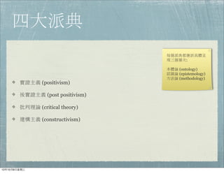 四大派典
實證主義 (positivism)
後實證主義 (post positivism)
批判理論 (critical theory)
建構主義 (constructivism)
每個派典都應該具體呈
現三個層次:
本體論 (ontology)
認識論 (epistemology)
方法論 (methodology)
13年10月9⽇日星期三
 