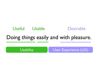 Useful Usable Desirable
Usability User Experience (UX)
Doing things easily and with pleasure.
 