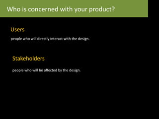 Users
people who will directly interact with the design.
Who is concerned with your product?
Stakeholders
people who will be affected by the design.
 