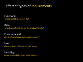 Different types of requirements
Functional :
what should the product do?
Data:
what types of data should the product handle?
Environmental:
physical/social/organisational/technical
User:
characteristics of the target user group
Usability:
important usability goals and measures
 