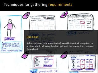 Use Case
A description of how a user (actor) would interact with a system to
achieve a task, allowing the description of the interactions required
throughout
Techniques for gathering requirements
 