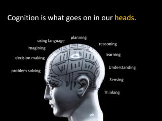 Cognition is what goes on in our heads.
Thinking
Sensing
Understanding
learning
reasoning
planning
imagining
decision making
problem solving
using language
 