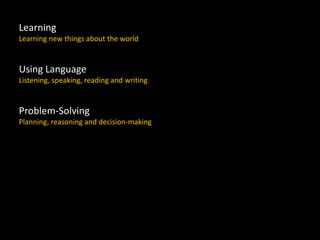 Learning
Learning new things about the world
Using Language
Listening, speaking, reading and writing
Problem-Solving
Planning, reasoning and decision-making
 