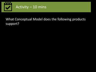 What Conceptual Model does the following products
support?
Activity – 10 mins
 