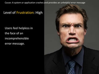 Level of Frustration: High
Users feel helpless in
the face of an
incomprehensible
error message.
Cause: A system or application crashes and provides an unhelpful error message
 