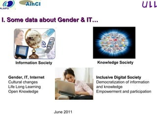 June 2011
Information Society Knowledge Society
Gender, IT, Internet
Cultural changes
Life Long Learning
Open Knowledge
Inclusive Digital SocietyInclusive Digital Society
Democratization of information
and knowledge
Empowerment and participation
I. Some data about Gender & IT…I. Some data about Gender & IT…
 