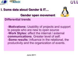 June 2011
Differential trends
-Motivations: Usability of projects and support
to people who are new to open source
-Work Styles: affect the internal / external
communications. Greater level of self.
-Some results: influence in the relational, the
productivity and the organization of events.
Gender open movementGender open movement
I. Some data about Gender & IT…I. Some data about Gender & IT…
 