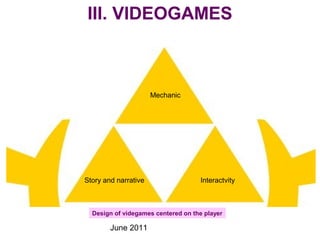 June 2011
Design of videgames centered on the player
Mechanic
Story and narrative Interactvity
III. VIDEOGAMES
 