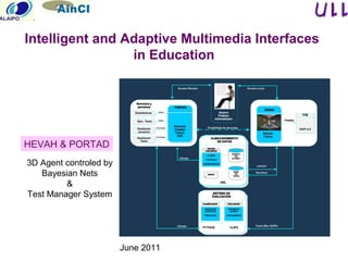 June 2011
Intelligent and Adaptive Multimedia Interfaces
in Education
3D Agent controled by
Bayesian Nets
&
Test Manager System
HEVAH & PORTAD
 