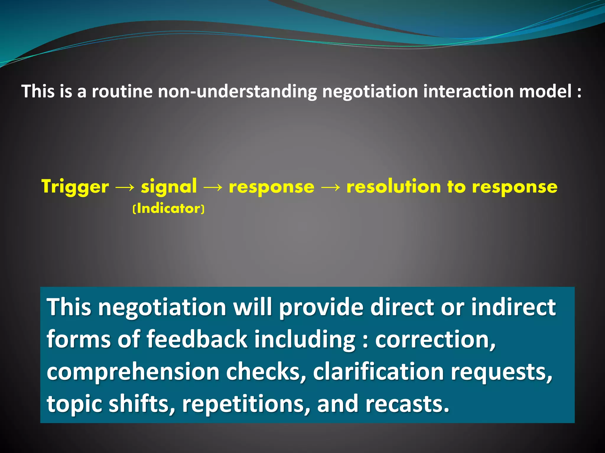response
Trigger → signal → response → resolution to response
(Indicator)
This negotiation will provide direct or indirect
forms of feedback including : correction,
comprehension checks, clarification requests,
topic shifts, repetitions, and recasts.
This is a routine non-understanding negotiation interaction model :
 