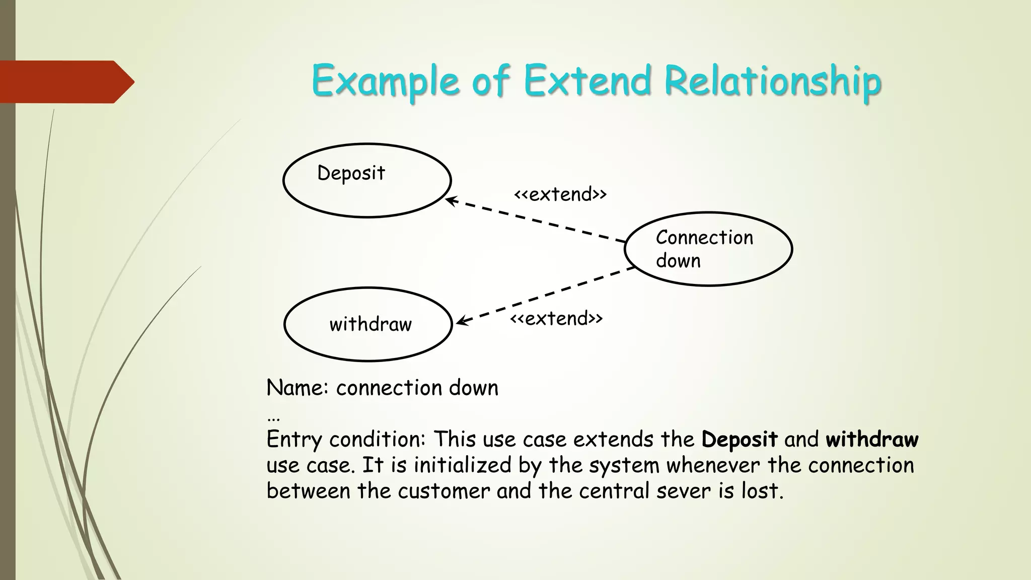 Example of Extend Relationship
Connection
down
Deposit
withdraw
<<extend>>
<<extend>>
Name: connection down
…
Entry condition: This use case extends the Deposit and withdraw
use case. It is initialized by the system whenever the connection
between the customer and the central sever is lost.
 