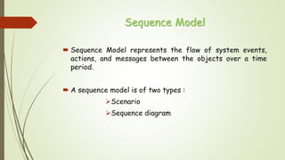 Sequence Model
 Sequence Model represents the flow of system events,
actions, and messages between the objects over a time
period.
 A sequence model is of two types :
Scenario
Sequence diagram
 
