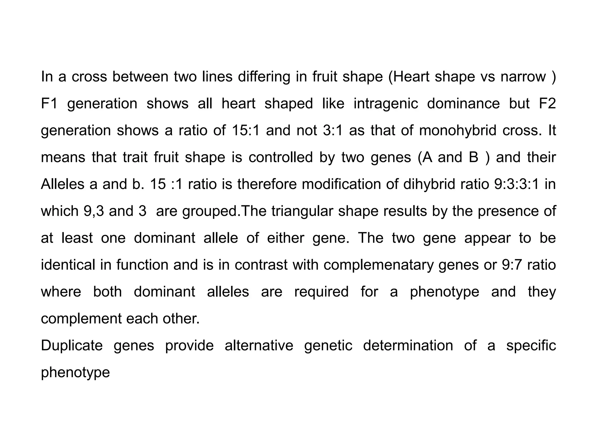 In a cross between two lines differing in fruit shape (Heart shape vs narrow )
F1 generation shows all heart shaped like intragenic dominance but F2
generation shows a ratio of 15:1 and not 3:1 as that of monohybrid cross. It
means that trait fruit shape is controlled by two genes (A and B ) and their
Alleles a and b. 15 :1 ratio is therefore modification of dihybrid ratio 9:3:3:1 in
which 9,3 and 3 are grouped.The triangular shape results by the presence of
at least one dominant allele of either gene. The two gene appear to be
identical in function and is in contrast with complemenatary genes or 9:7 ratio
where both dominant alleles are required for a phenotype and they
complement each other.
Duplicate genes provide alternative genetic determination of a specific
phenotype
 
