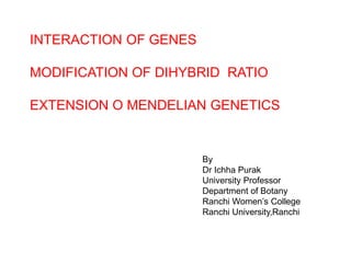INTERACTION OF GENES
MODIFICATION OF DIHYBRID RATIO
EXTENSION O MENDELIAN GENETICS
By
Dr Ichha Purak
University Professor
Department of Botany
Ranchi Women’s College
Ranchi University,Ranchi
 