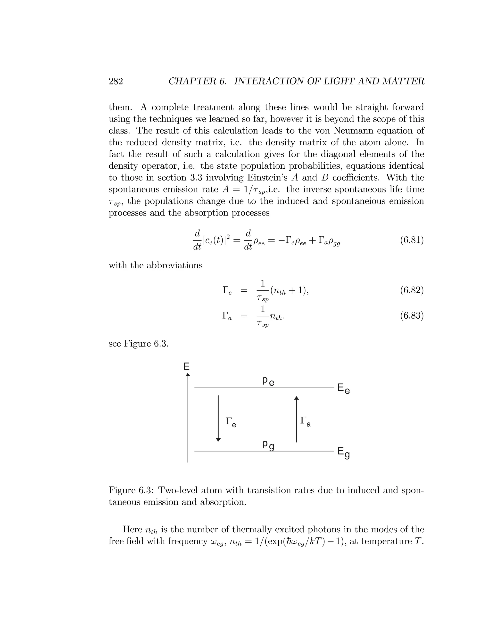 282 CHAPTER 6. INTERACTION OF LIGHT AND MATTER
them. A complete treatment along these lines would be straight forward
using the techniques we learned so far, however it is beyond the scope of this
class. The result of this calculation leads to the von Neumann equation of
the reduced density matrix, i.e. the density matrix of the atom alone. In
fact the result of such a calculation gives for the diagonal elements of the
density operator, i.e. the state population probabilities, equations identical
to those in section 3.3 involving Einstein’s A and B coeﬃcients. With the
spontaneous emission rate A = 1/τsp,i.e. the inverse spontaneous life time
τsp, the populations change due to the induced and spontaneious emission
processes and the absorption processes
dt
d
|ce(t)|2
=
dt
d
ρee = −Γeρee + Γaρgg (6.81)
with the abbreviations
1
Γe = (nth + 1), (6.82)
τsp
1
Γa = nth. (6.83)
τsp
see Figure 6.3.
E
pe
Ee
pg
Eg
Figure 6.3: Two-level atom with transistion rates due to induced and spon­
taneous emission and absorption.
Here nth is the number of thermally excited photons in the modes of the
free ﬁeld with frequency ωeg, nth = 1/(exp(~ωeg/kT)−1), at temperature T.
 