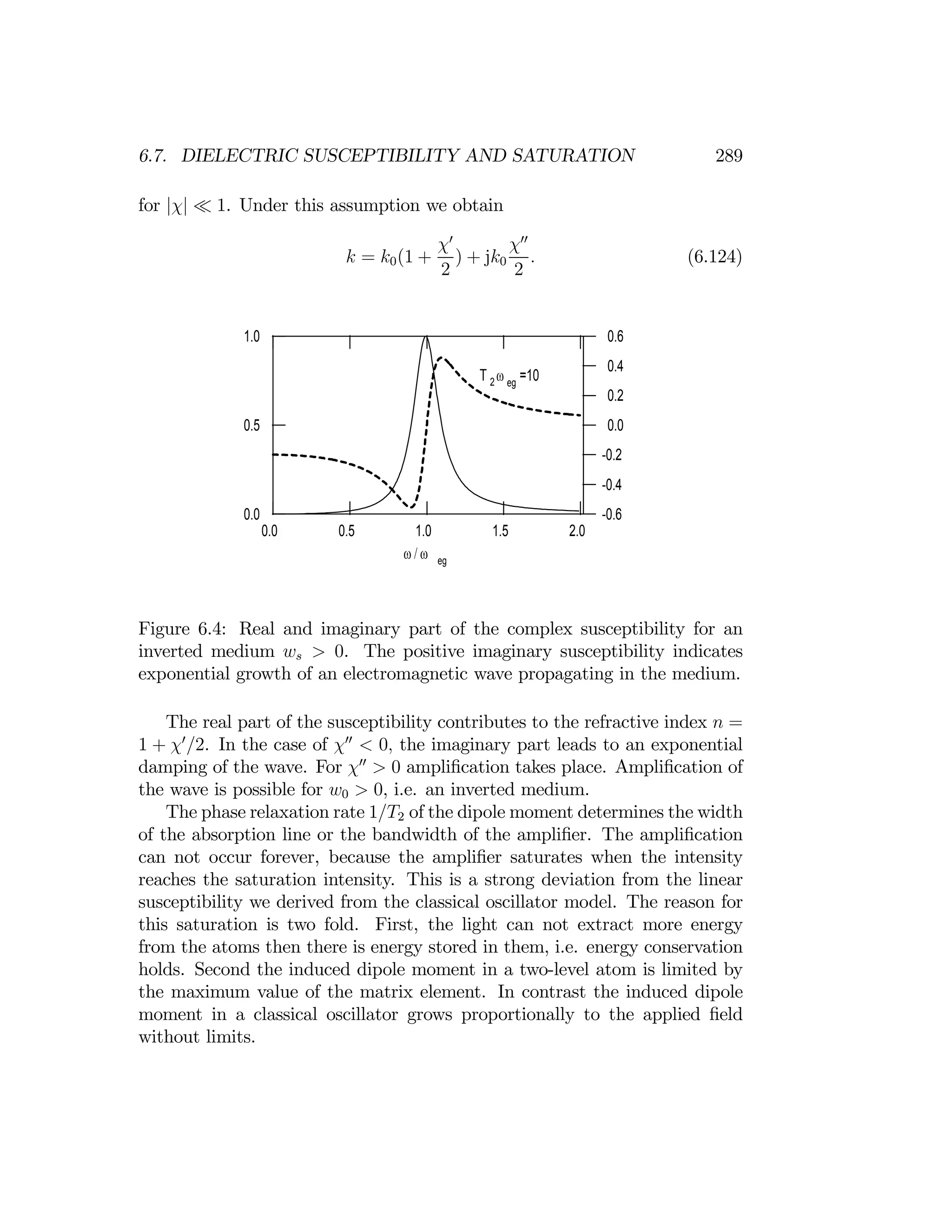 χ
''
(
ω
)
/
χ
''
max
χ
'(
ω
)
/
χ
''
max
289
6.7. DIELECTRIC SUSCEPTIBILITY AND SATURATION
for |χ| ¿ 1. Under this assumption we obtain
χ0
χ00
k = k0(1 + ) + jk0 . (6.124)
2 2
1.0
0.5
0.0
2.0
1.5
1.0
0.5
0.0
-0.6
-0.4
-0.2
0.0
0.2
0.4
0.6
T 2 ω eg
=10
ω / ω eg
Figure 6.4: Real and imaginary part of the complex susceptibility for an
inverted medium ws > 0. The positive imaginary susceptibility indicates
exponential growth of an electromagnetic wave propagating in the medium.
The real part of the susceptibility contributes to the refractive index n =
1 + χ0
/2. In the case of χ00
< 0, the imaginary part leads to an exponential
damping of the wave. For χ00
> 0 ampliﬁcation takes place. Ampliﬁcation of
the wave is possible for w0 > 0, i.e. an inverted medium.
The phase relaxation rate 1/T2 of the dipole moment determines the width
of the absorption line or the bandwidth of the ampliﬁer. The ampliﬁcation
can not occur forever, because the ampliﬁer saturates when the intensity
reaches the saturation intensity. This is a strong deviation from the linear
susceptibility we derived from the classical oscillator model. The reason for
this saturation is two fold. First, the light can not extract more energy
from the atoms then there is energy stored in them, i.e. energy conservation
holds. Second the induced dipole moment in a two-level atom is limited by
the maximum value of the matrix element. In contrast the induced dipole
moment in a classical oscillator grows proportionally to the applied ﬁeld
without limits.
 