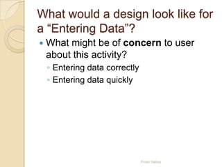 What would a design look like for
a “Entering Data”?
 What might be of concern to user
about this activity?
◦ Entering data correctly
◦ Entering data quickly
From Yahoo
 