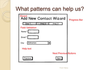 What patterns can help us?
From Yahoo
Progress Bar
Next Previous Buttons
Wizard
Field Validation
Help text
 