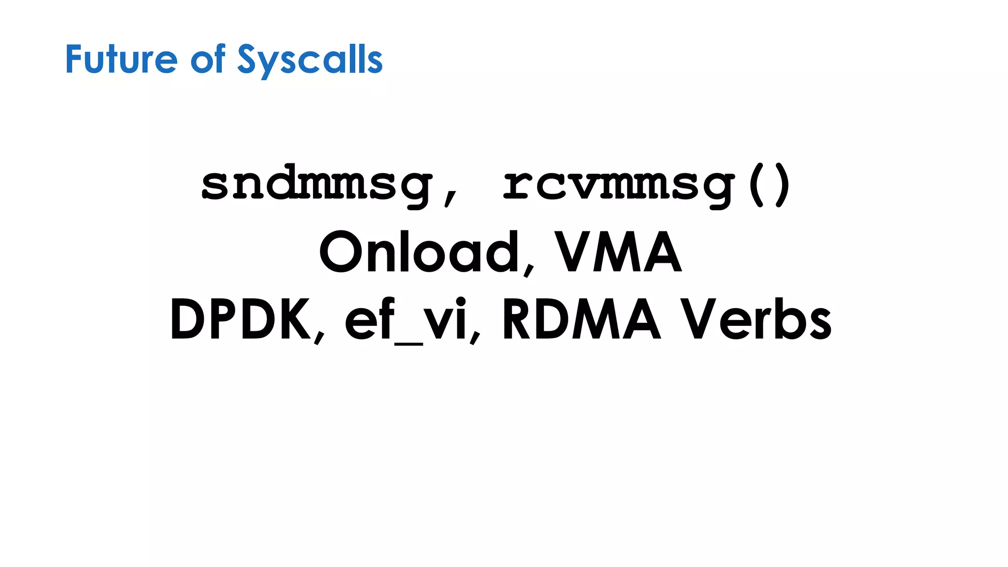 sndmmsg, rcvmmsg()
Onload, VMA
DPDK, ef_vi, RDMA Verbs
Future of Syscalls
 