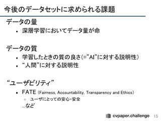 今後のデータセットに求められる課題 
15
データの量 
● 深層学習においてデータ量が命 
 
データの質 
● 学習したときの質の良さ（=”AI”に対する説明性） 
● “人間”に対する説明性 
 
“ユーザビリティ” 
● FATE (Fairness, Accountability, Transparency and Ethics） 
○ ユーザにとっての安心・安全 
...など 
 
 