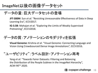 ImageNet以後の画像データセット 
16
データの量：巨大データセットの登場 
JFT-300M: Sun et al. “Revisiting Unreasonable Effectiveness of Data in Deep
Learning Era”, ICCV2017. 
IG-3.5B: Mahajan et al. “Exploring the Limits of Weakly Supervised
Pretraining”, ECCV2018.
 
データの質：アノテーションのモダリティを拡張 
Visual Genome: Krishna et al. “Visual Genome: Connecting Language and
Vision Using Crowdsourced Dense Image Annotations”, ECCV2016.
 
“ユーザビリティ”：ラベル設計・アノテーション再考 
Yang et al. “Towards Fairer Datasets: Filtering and Balancing
the Distribution of the People Subtree in the ImageNet Hierarchy”,
ACM FAT* 2020.  
 