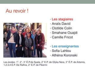 Au revoir !
• Les stagiaires
• Anaïs David
• Clotilde Colin
• Smahane Ouajdi
• Camille Fricot
• Les enseignantes
• Sofia Lahlou
• Athéna Koronaki
Les écoles: 1°, 2°, 3° É.P.de Spata, 2° E.P. de Glyka Nera, 3° É.P. de Artemis,
1,2,3,4 É.P. De Rafina, 2° É.P. de Pikermi
 