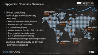 #NICEi2015
Copyright © Capgemini 2015. All Rights Reserved
• Global consulting,
technology and outsourcing
company:
• Headquartered in Paris, France
• Presence in +40 countries
• +143,000 employees
• Global revenue (2014) USD 11.6 billion
• Fast growth in North America
( 21% global revenue share)
• Partnership with major software providers
• Working collaboratively to develop
innovative solutions
Capgemini: Company Overview
LATIN AMERICA
10,268
MIDDLE-EAST
& AFRICA
1,164
NORTH AMERICA
10,384
EUROPE
62,035
ASIA PACIFIC
59,792
 
