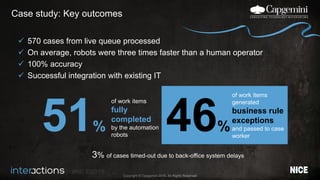 #NICEi2015
Copyright © Capgemini 2015. All Rights Reserved
 570 cases from live queue processed
 On average, robots were three times faster than a human operator
 100% accuracy
 Successful integration with existing IT
Case study: Key outcomes
51%
of work items
fully
completed
by the automation
robots
46%
of work items
generated
business rule
exceptions
and passed to case
worker
3% of cases timed-out due to back-office system delays
 