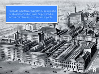 Perioada industriala. "Uzinele" nu au o relatie
cu clientii lor. Vorbim doar despre produs.
Increderea clientilor nu mai este implicita.
 
