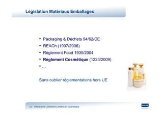 Législation Matériaux Emballages




          • Packaging & Déchets 94/62/CE
          • REACh (1907/2006)
          • Règlement Food 1935/2004
          • Règlement Cosmétique (1223/2009)
          •…

          Sans oublier réglementations hors UE




 23 - Interactions Contenant-Contenu en Cosmétique
                   Contenant-
 