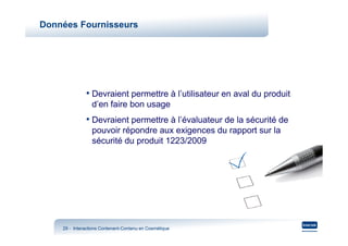 Données Fournisseurs




              • Devraient permettre à l’utilisateur en aval du produit
                 d’en faire bon usage
              • Devraient permettre à l’évaluateur de la sécurité de
                 pouvoir répondre aux exigences du rapport sur la
                 sécurité du produit 1223/2009




    29 - Interactions Contenant-Contenu en Cosmétique
                      Contenant-
 