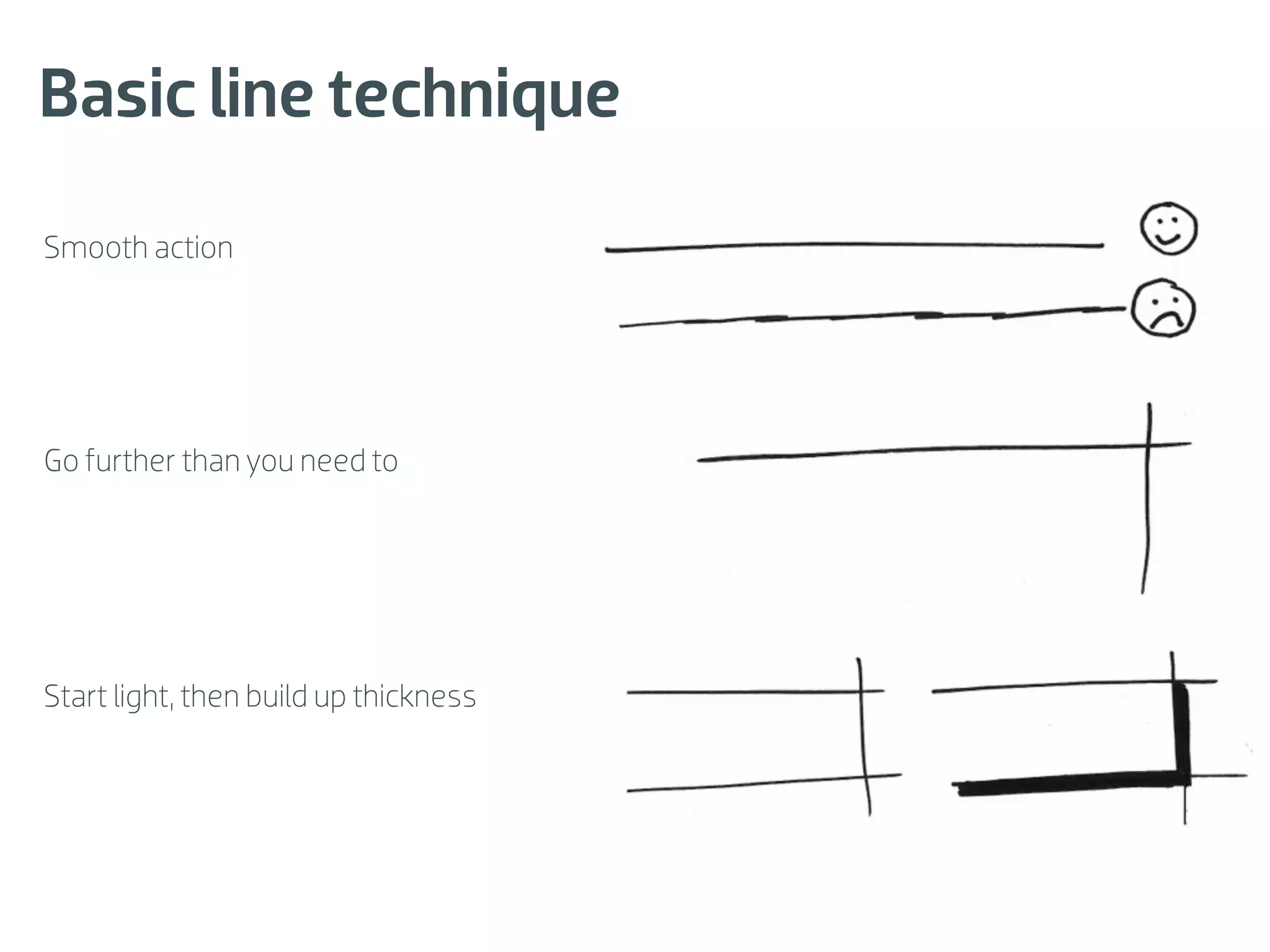 Basic line technique

Smooth action




Go further than you need to




Start light, then build up thickness
 
