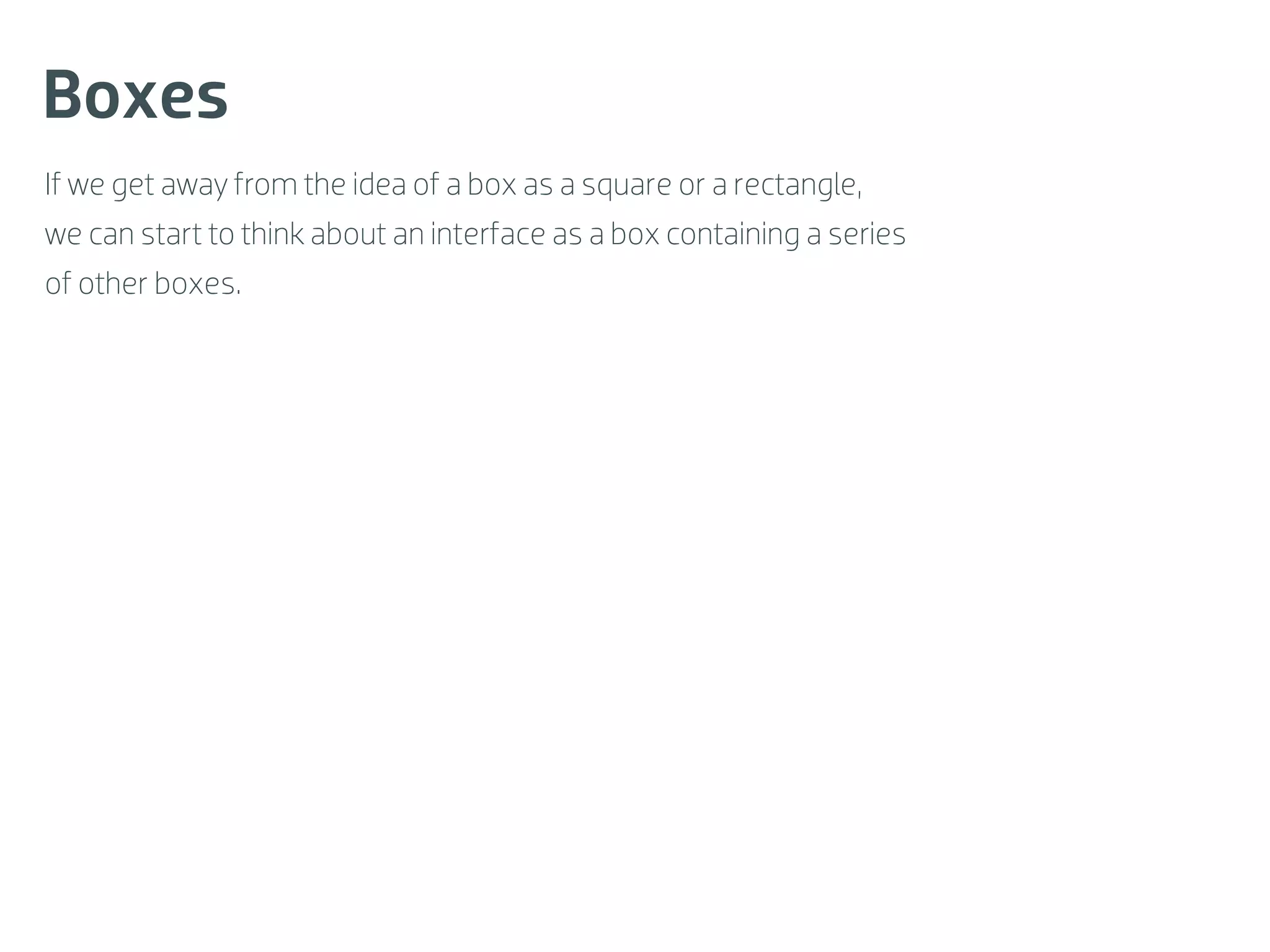 Boxes
If we get away from the idea of a box as a square or a rectangle,
we can start to think about an interface as a box containing a series
of other boxes.
 